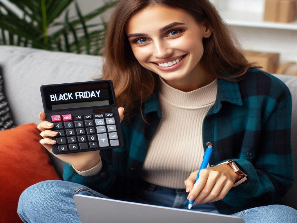 mujer con una calculadora para el black friday