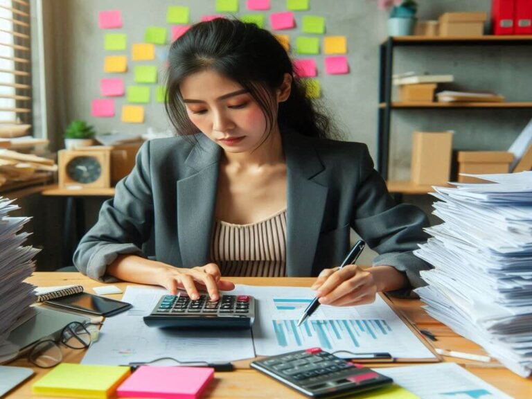 mujer con su calculadora de descuentos sucesivos