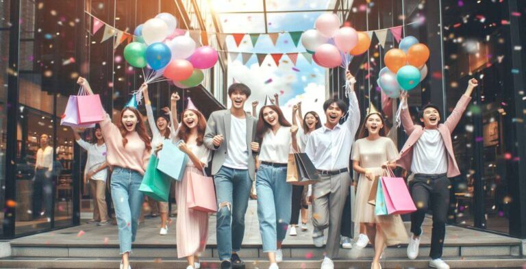 personas celebrando descuentos comerciales en una tienda